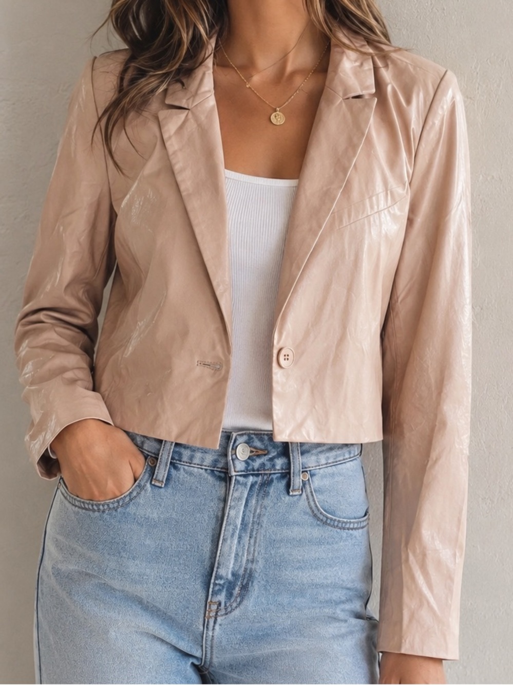 🟠NWT PEACH LOVE Faux Leather Cropped Blazer w/Single Button Closure in Peach